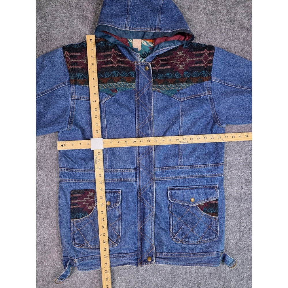 Vintage 90s Southwestern Aztec Denim Jacket Womens M Hooded Blanket Lined Long - Picture 2 of 10